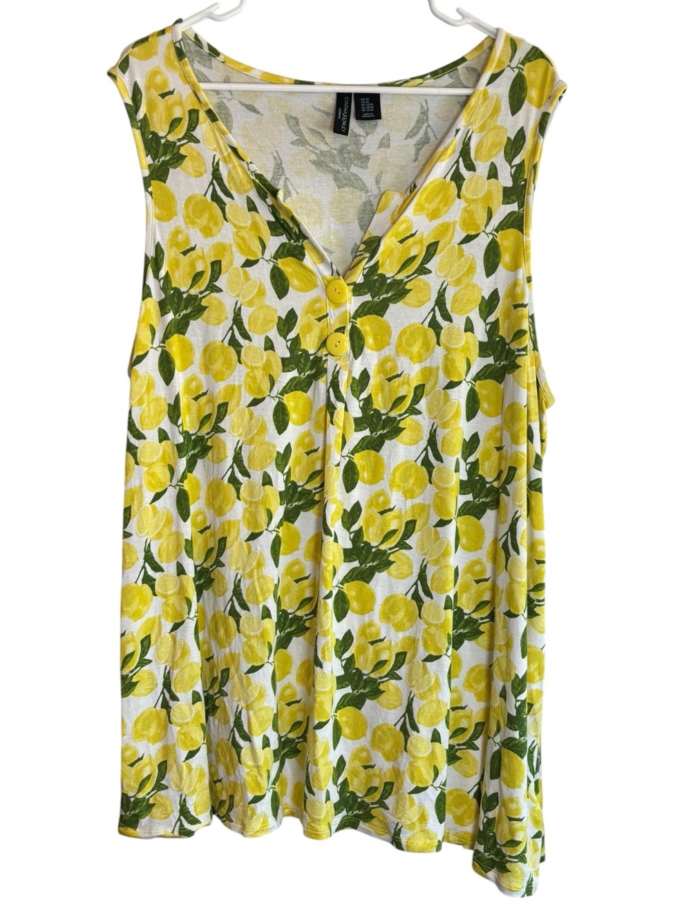Cynthia Rowley Lemon Print Tank Top 2X Yellow Fruit Sleeveless V Neck